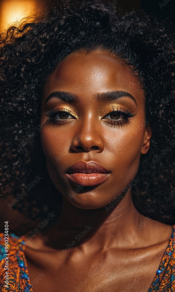 A black woman with curly hair gazes thoughtfully, showcasing her natural beauty in a cozy, warmly lit indoor environment. A black woman with curly hair gazes thoughtfully, showcasing her natural beauty in a cozy, warmly lit indoor environment.