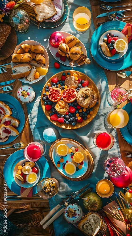 Fototapeta premium A festive table setting with colorful friendship-themed decorations and a spread of delicious food.