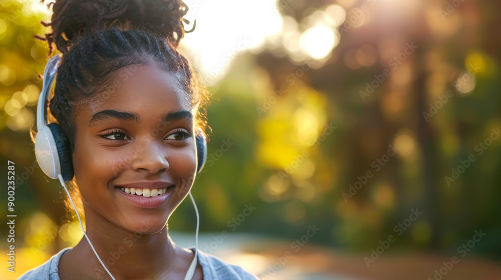 Joyful Teen African American Girl Jogging Outdoors with Headphones in Nature at Sunset Joyful Teen African American Girl Jogging Outdoors with Headphones in Nature at Sunset