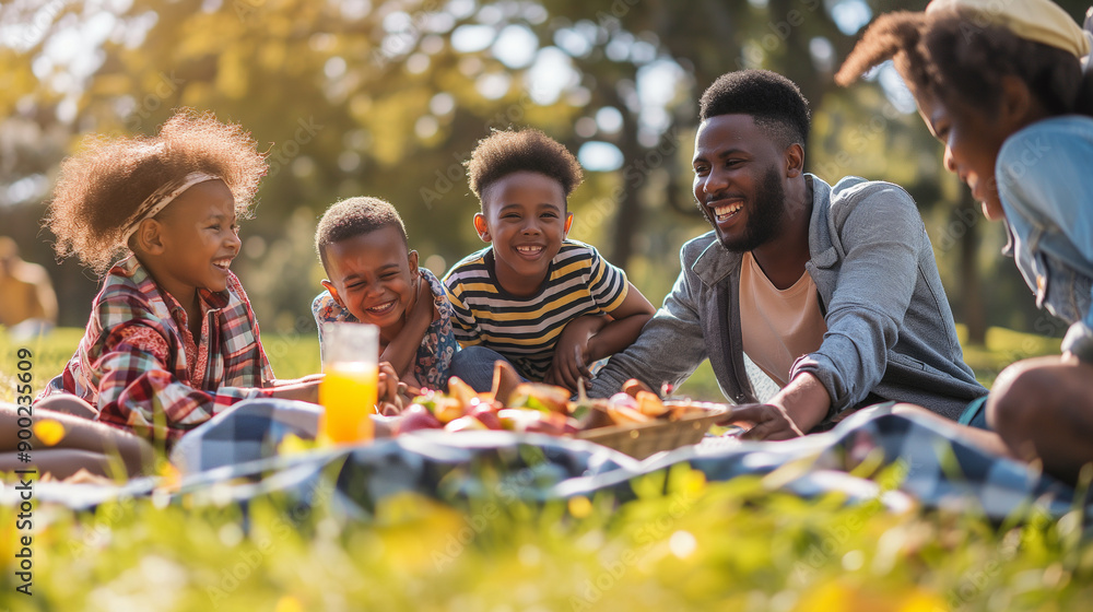 A family of four is sitting on a blanket in a park, enjoying a picnic A family of four is sitting on a blanket in a park, enjoying a picnic