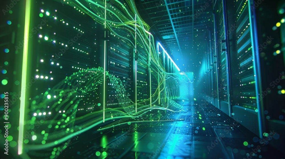 A computer server room with green lights and a green line A computer server room with green lights and a green line