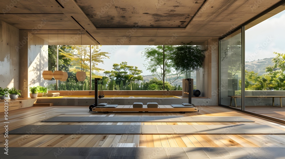Contemporary concrete yoga gym interior with equipment, daylight and wooden flooring. Healthy lifestyle concept. 3D Rendering. Contemporary concrete yoga gym interior with equipment, daylight and wooden flooring. Healthy lifestyle concept. 3D Rendering.