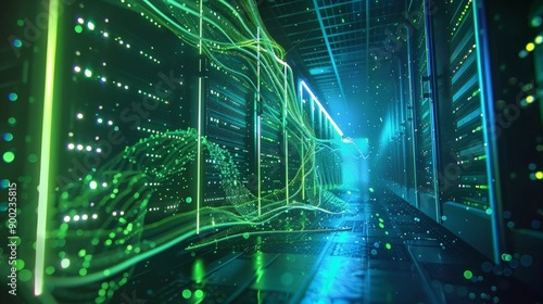 A computer server room with green lights and a green line