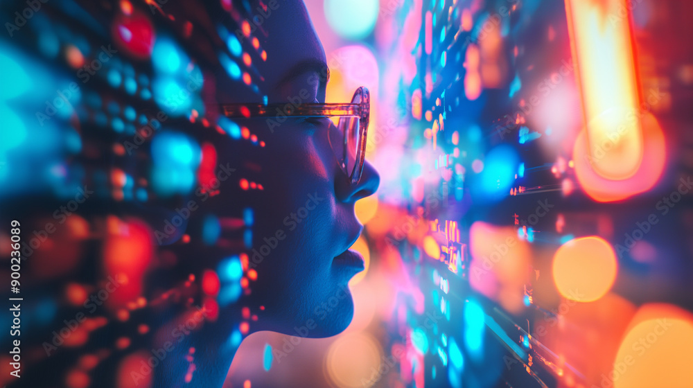 A woman's face is shown in a blurry, colorful background A woman's face is shown in a blurry, colorful background