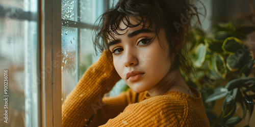 Melancholic woman gazing out a rainy window photo