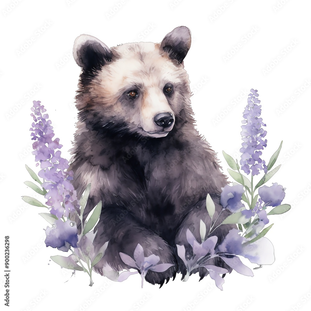 Lavender bear watercolor illustration, lavender clipart Lavender bear watercolor illustration, lavender clipart