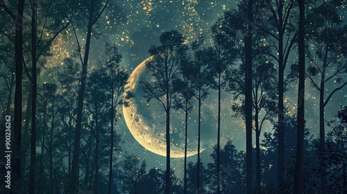 Crescent moon forest trees. Generative AI