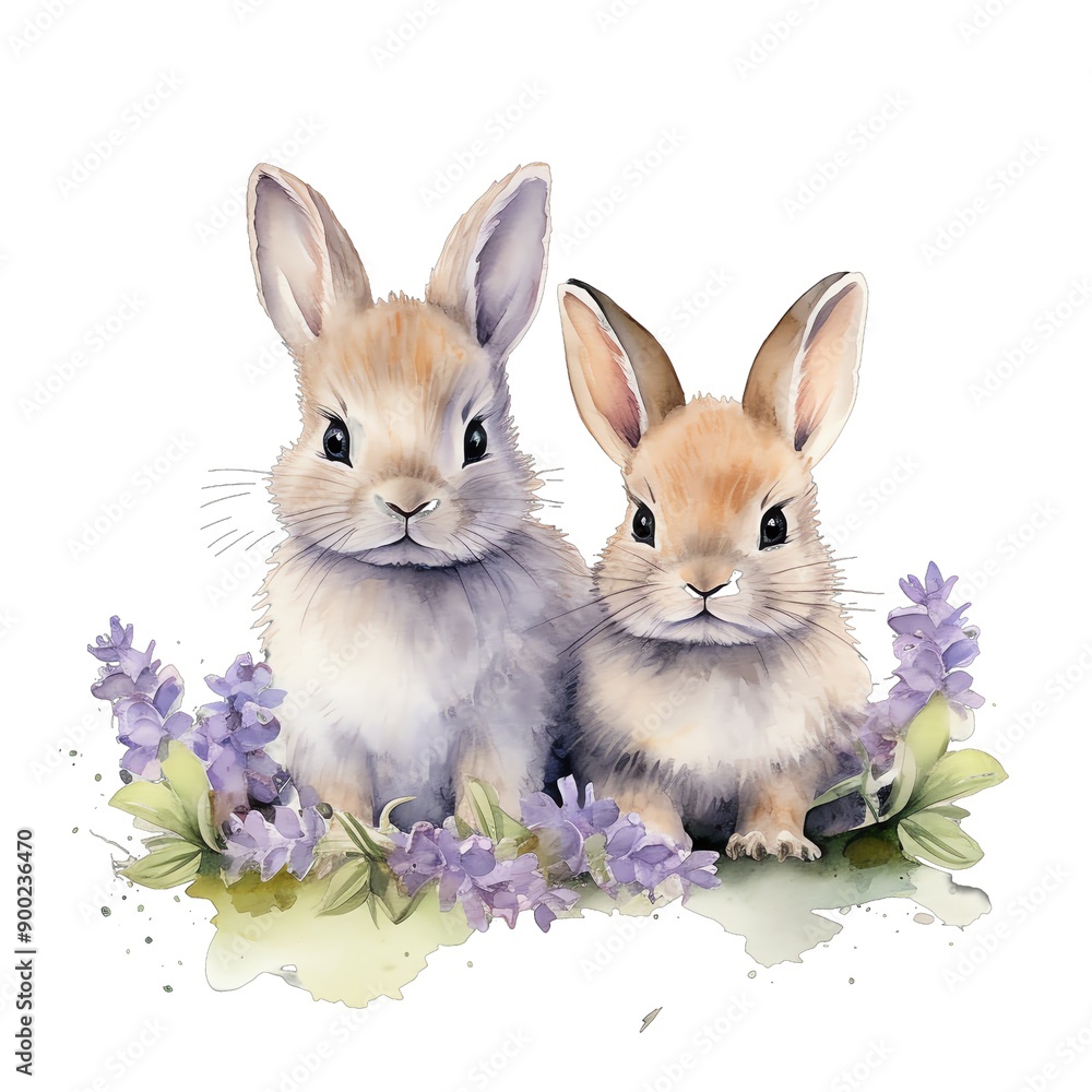 Lavender bunnies watercolor illustration, lavender clipart Lavender bunnies watercolor illustration, lavender clipart
