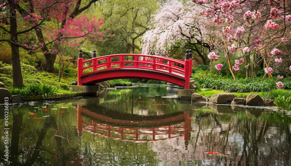 A Red Bridge Arcs Over A Tranquil Pond Surrounded By Lush Green Foliage And Blooming Cherry Trees A Red Bridge Arcs Over A Tranquil Pond Surrounded By Lush Green Foliage And Blooming Cherry Trees