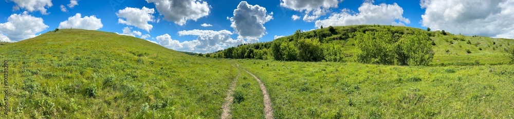 Path on the hills on green grass in summer Path on the hills on green grass in summer