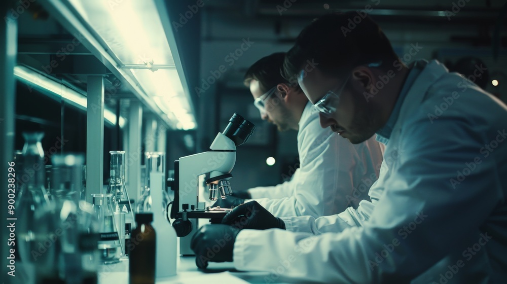 Two men in lab coats are looking through microscopes Two men in lab coats are looking through microscopes