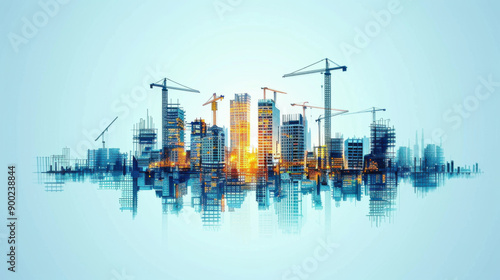 City skyline under construction with multiple cranes and buildings against a bright background.