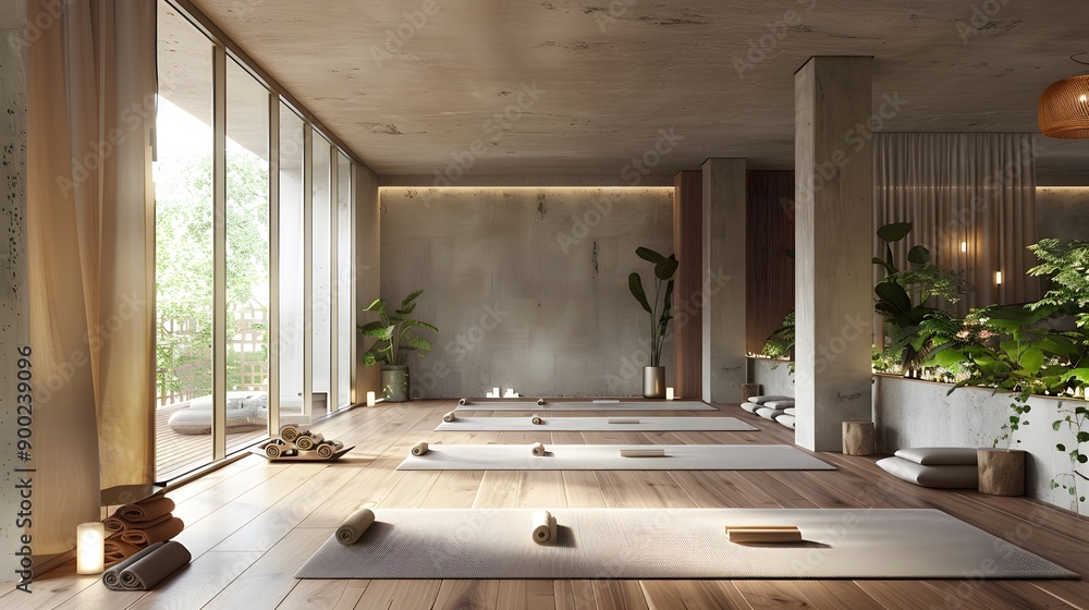 Contemporary concrete yoga gym interior with equipment, daylight and wooden flooring. Healthy lifestyle concept. 3D Rendering. Contemporary concrete yoga gym interior with equipment, daylight and wooden flooring. Healthy lifestyle concept. 3D Rendering.
