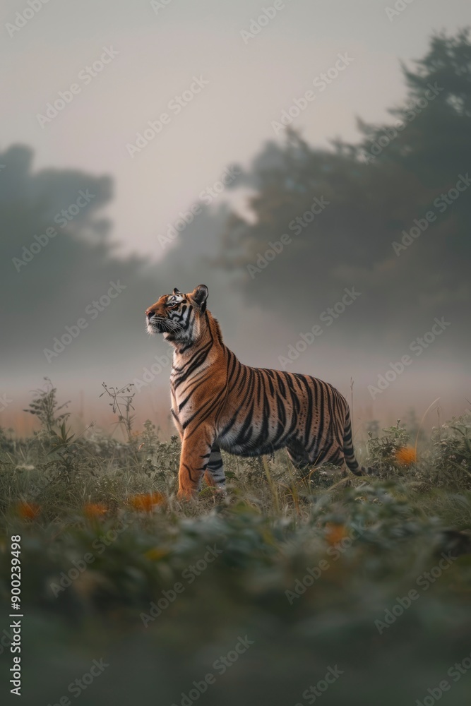 Fototapeta premium A lone tiger standing in a foggy field