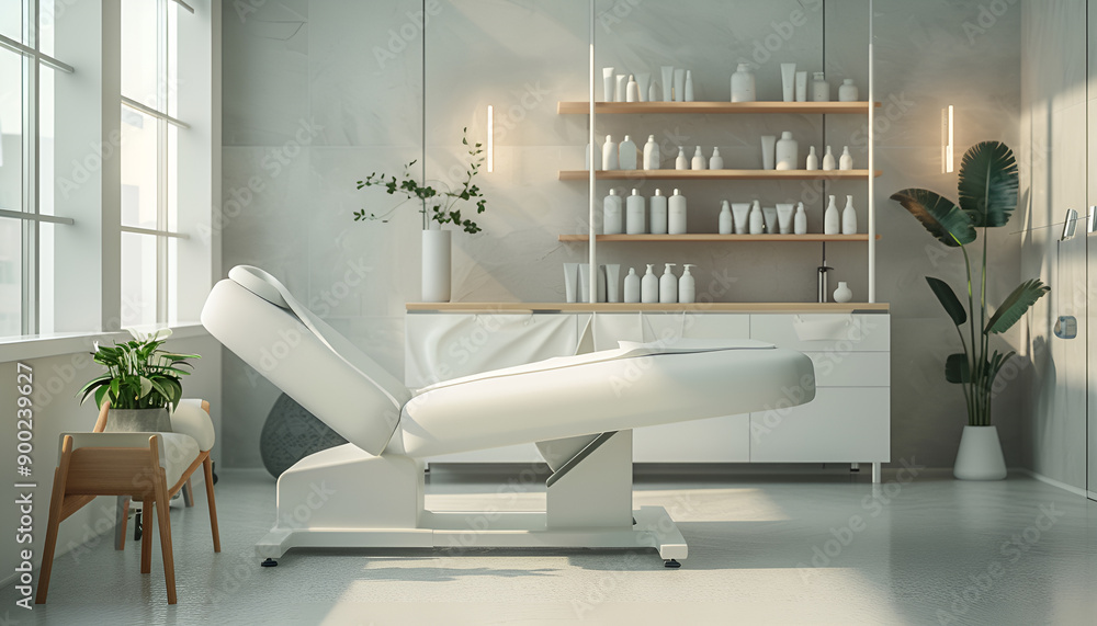 Beauty and body care. Interior of new beauty salon with spa massage table and set of skincare products ready for use. Empty professional dermatologist room waiting for customers Beauty and body care. Interior of new beauty salon with spa massage table and set of skincare products ready for use. Empty professional dermatologist room waiting for customers