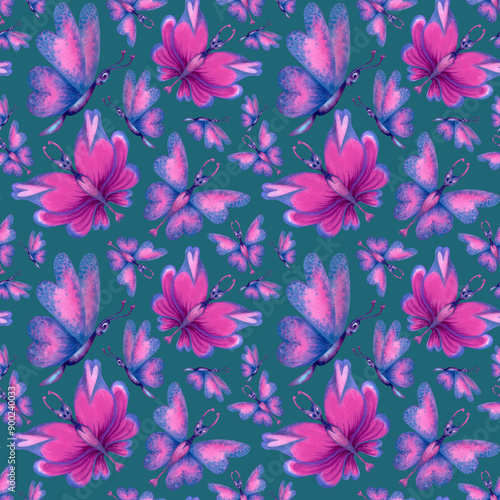 Seamless pattern of holographic butterflies with pink hearts on the wings, tropical blue-green leaves for the holiday of love, wedding, Valentine's Day, textile, fabric, wrapping, scrapbook, wallpaper