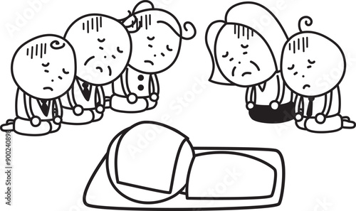 故人を前に落ち込む老若男女のイラスト