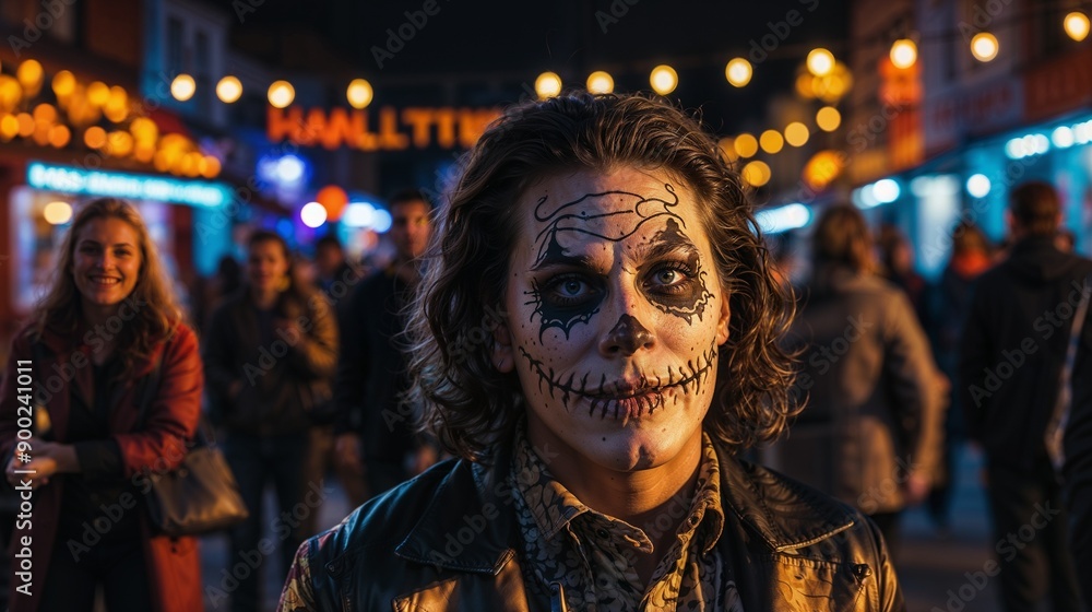 Halloween Face Paint, Night Market, Festive Atmosphere, Spooky Makeup, Celebration Halloween Face Paint, Night Market, Festive Atmosphere, Spooky Makeup, Celebration