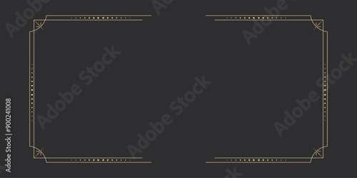 Gold celestial minimal esoteric frame, thin line border, mystyc linear decoration with dots, moon, stars corners isolated on dark background. Geometric shape, tarrot 