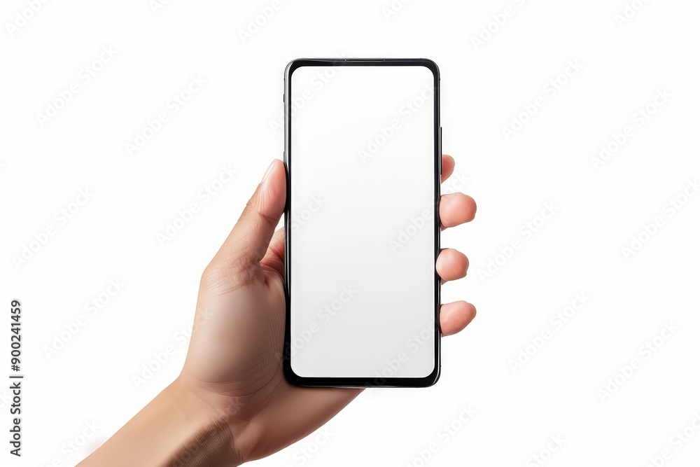 A hand holding a cell phone with a white background A hand holding a cell phone with a white background