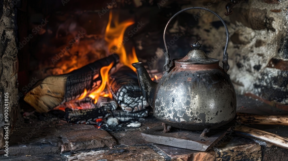 Iron kettle on hearth. Generative AI Iron kettle on hearth. Generative AI