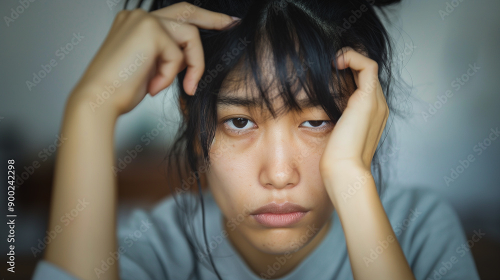 Fototapeta premium 頭痛に悩む女性,ストレスと不快感