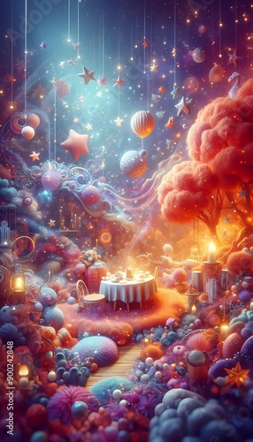 Bright fractal realms with glowing stars and vibrant colors in a festive, space-inspire