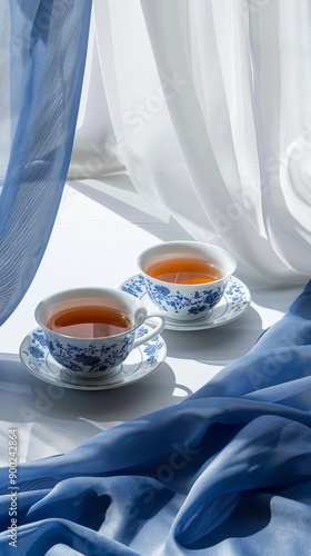 Two cups of tea on a table with a blue curtain behind them