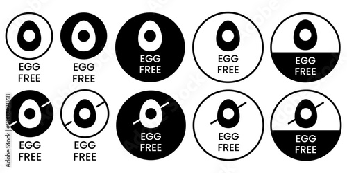 Egg free black icons. Set allergen free icons. Allergen free products. Products warning symbols.
