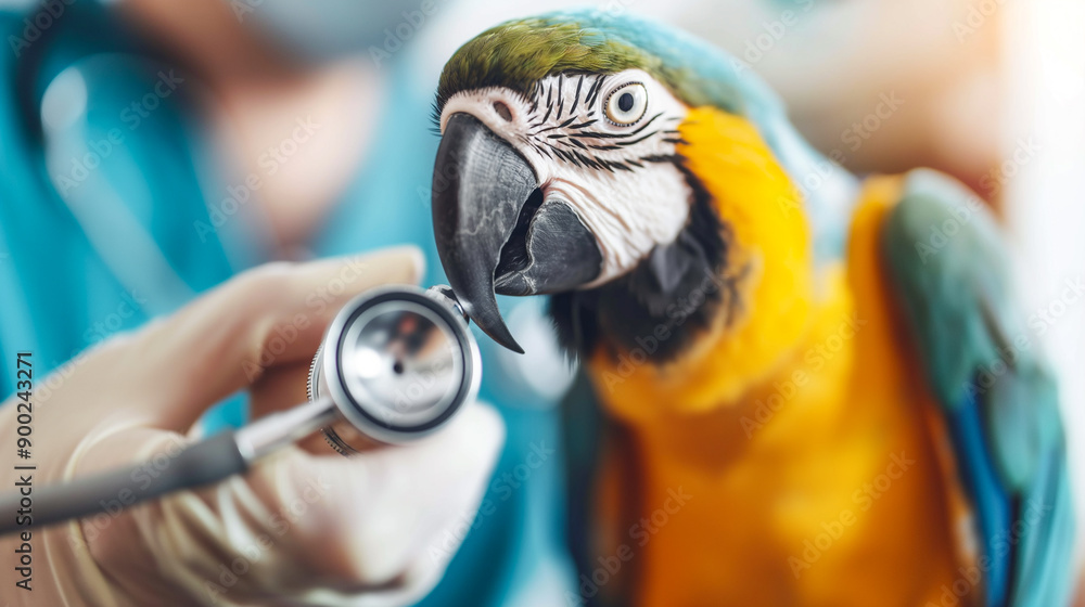 Naklejka premium 獣医師がオウムを診察する - 動物病院での鳥類ケア