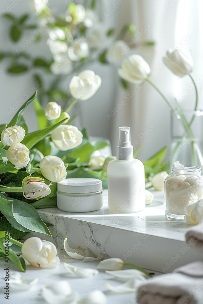 White skincare products amidst fresh white tulips on a marble surface, capturing an elegant and serene self-care routine with a floral touch. White skincare products amidst fresh white tulips on a marble surface, capturing an elegant and serene self-care routine with a floral touch.