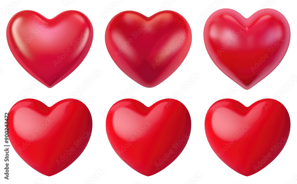 Collection of Six Red Heart Objects Isolated on a White or Transparent Background for Romantic Themes and Design Elements Collection of Six Red Heart Objects Isolated on a White or Transparent Background for Romantic Themes and Design Elements
