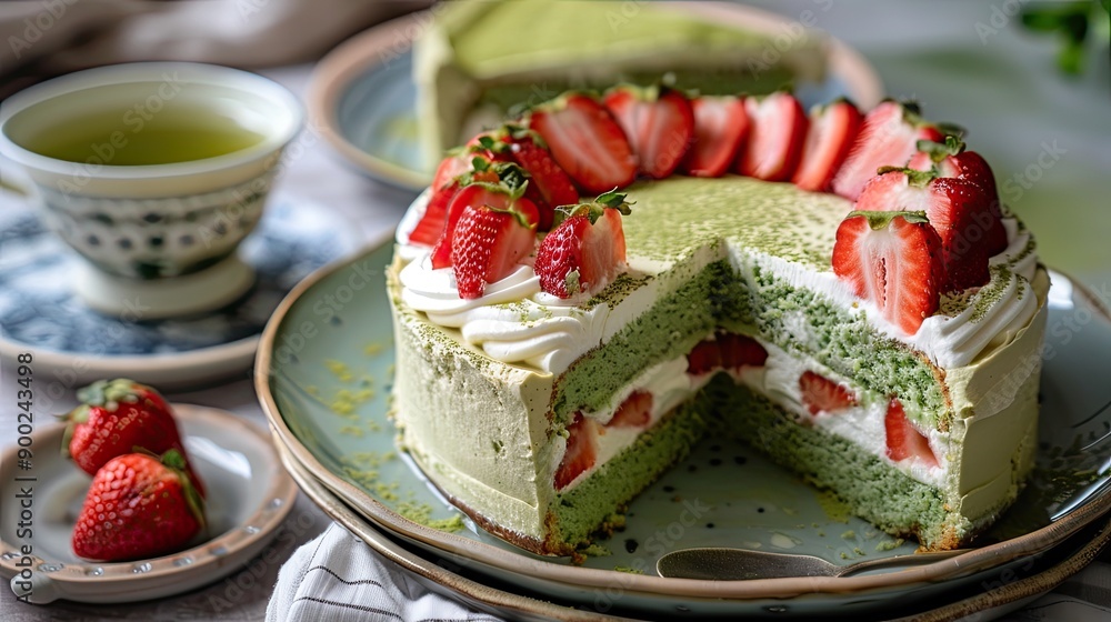 Matcha cake, strawberries, green tea. Generative AI Matcha cake, strawberries, green tea. Generative AI