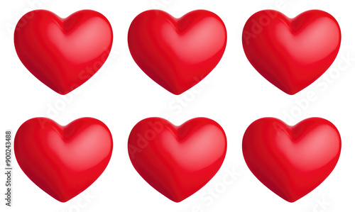 Collection of Six Red Heart Objects Isolated on a White or Transparent Background for Romantic Themes and Design Elements