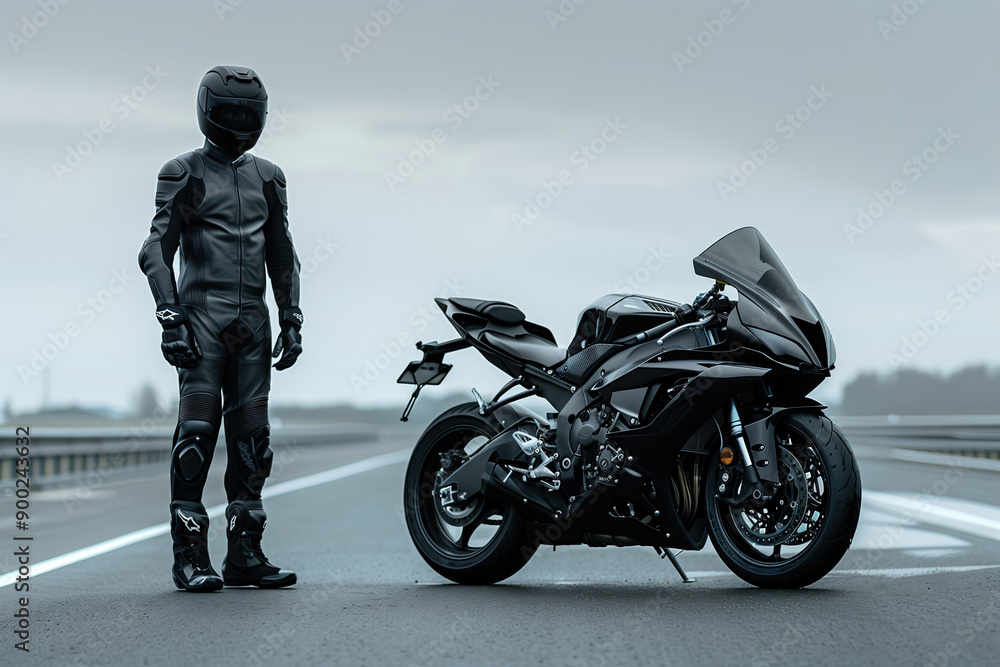 A solitary biker in black leather gear riding on a highway at dusk