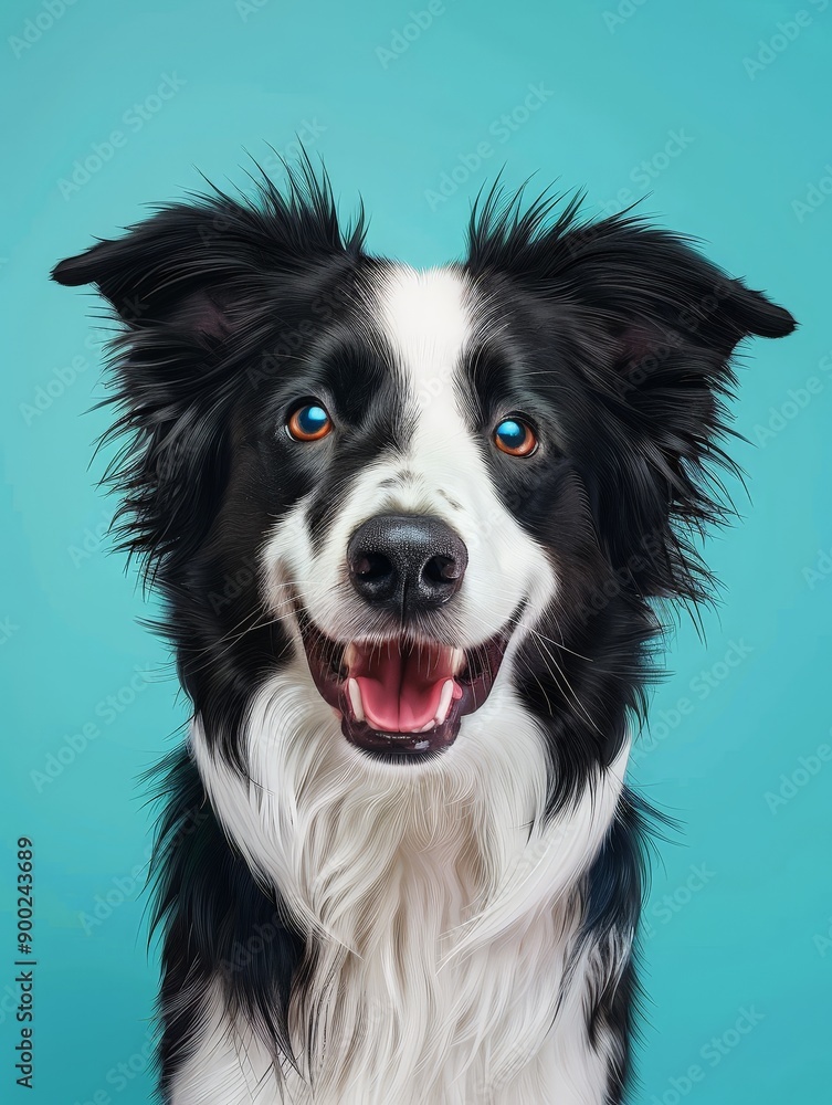 A dog with a blue eye is smiling and looking at the camera A dog with a blue eye is smiling and looking at the camera
