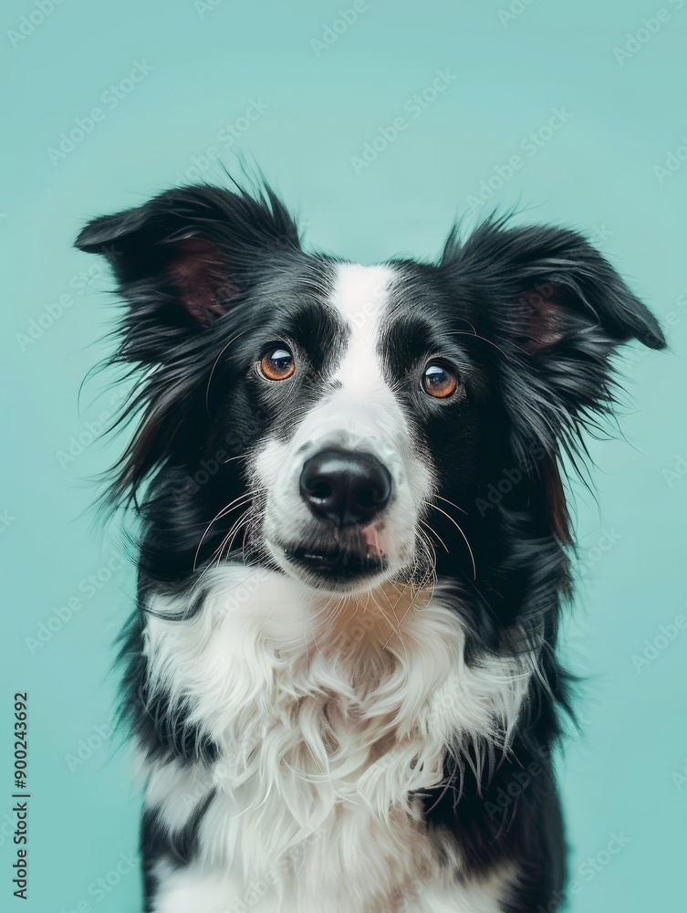 A black and white dog with a white face is staring at the camera A black and white dog with a white face is staring at the camera