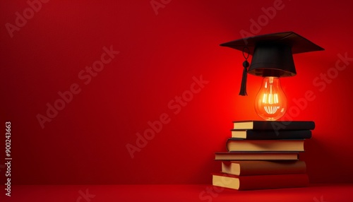 Graduation Cap on Lightbulb with Books on Red Background