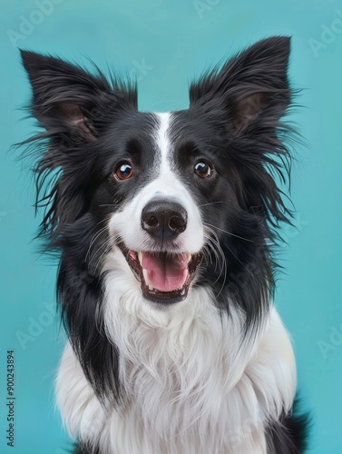 A black and white dog with a white spot on its face is smiling