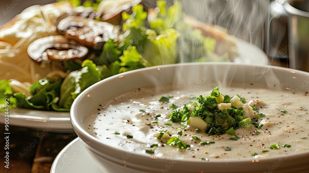 Mushroom Soup Caesar Salad. Generative AI Mushroom Soup Caesar Salad. Generative AI