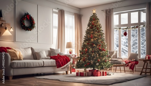 Festive Christmas Living Room with Decorated Tree and Cozy Atmosphere