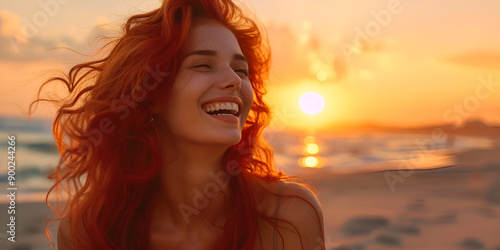 Wallpaper Mural Laughter at Sunset: Woman's Joyful Moment on the Beach Torontodigital.ca