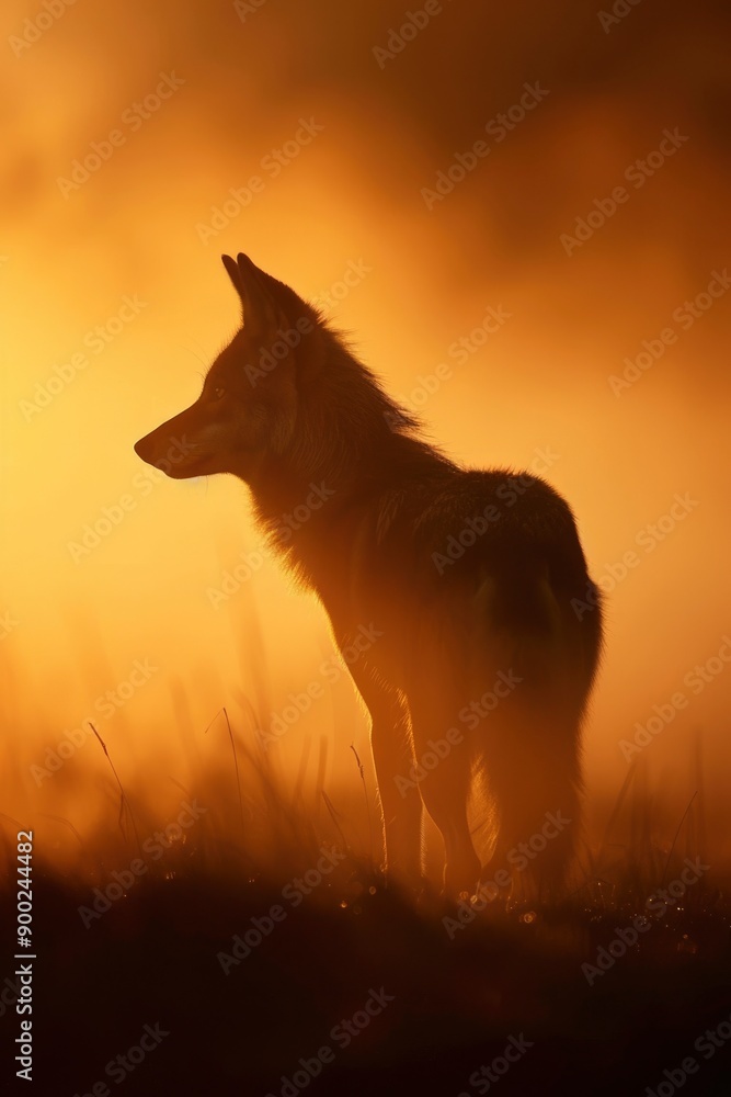 A Wolf Silhouetted Against a Misty Sunset A Wolf Silhouetted Against a Misty Sunset