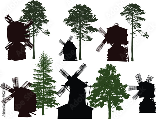 set of six obsolete windmills isolated on white