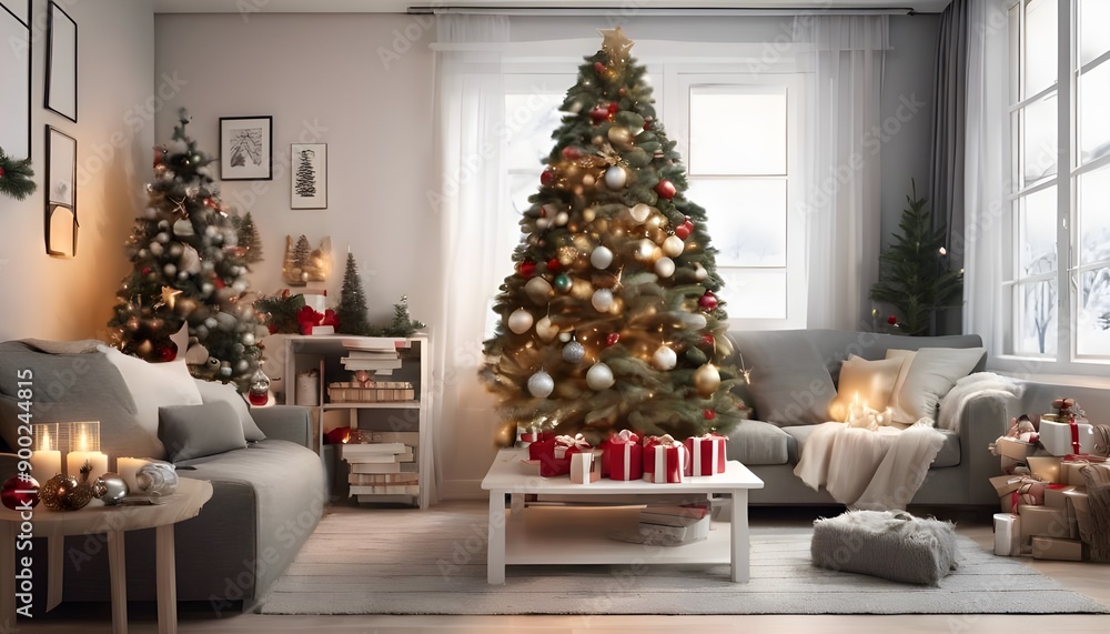 Festive Christmas Living Room with Decorated Tree and Cozy Atmosphere Festive Christmas Living Room with Decorated Tree and Cozy Atmosphere