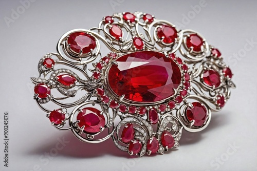 Wallpaper Mural Ruby Brooch on White Background: An intricately designed ruby brooch laid flat on a plain white background. Torontodigital.ca