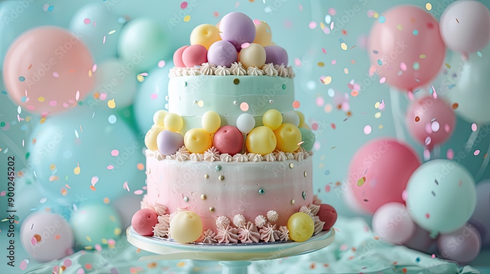 Pastel Cake Balloons Celebration. Generative AI Pastel Cake Balloons Celebration. Generative AI