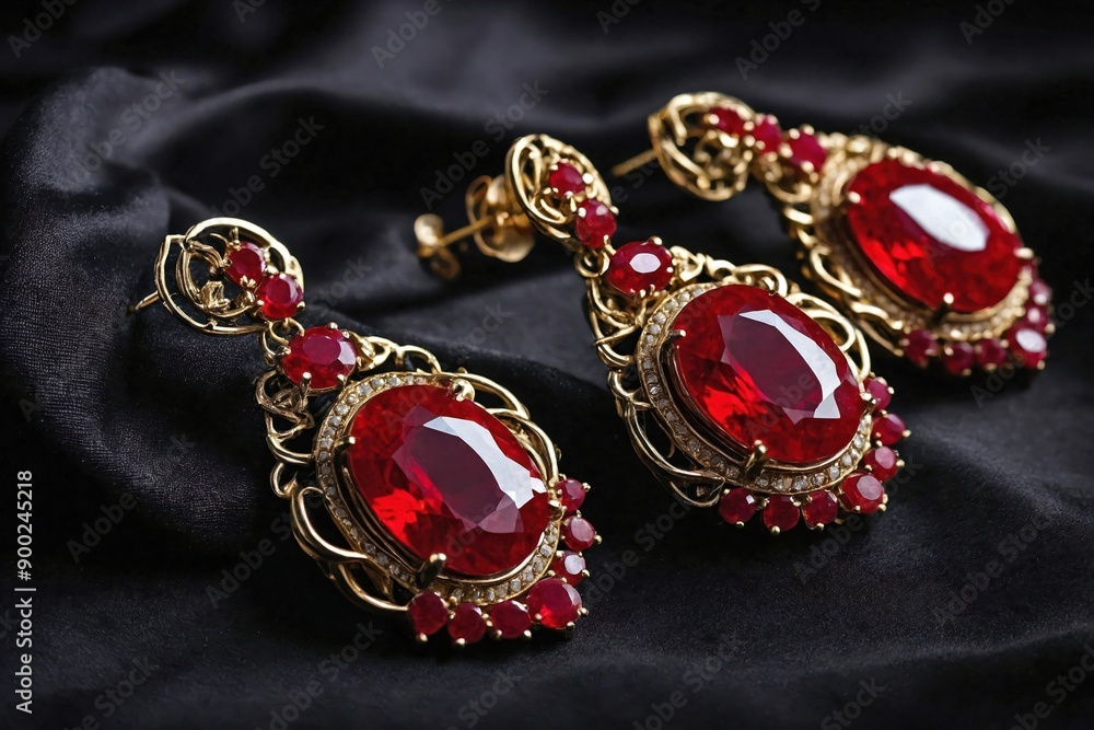 Ruby Earrings on Black Velvet: A pair of ruby earrings placed on smooth, black velvet fabric. Ruby Earrings on Black Velvet: A pair of ruby earrings placed on smooth, black velvet fabric.