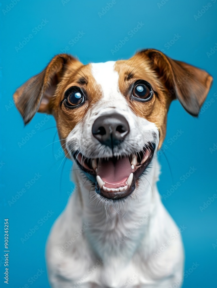 A dog with a white and brown face is smiling and looking at the camera A dog with a white and brown face is smiling and looking at the camera