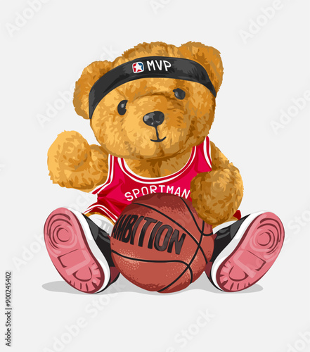 cute bear doll in basketball jersey hand drawn vector illustration